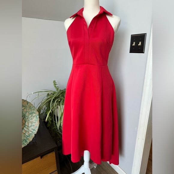 Belle Badgley Mischka Red High Low Collared Halter Dress Scuba Material size 4 - Picture 2 of 11